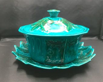 Vintage MCM Turquois and Green California USA Pottery Leaf Platter & Tureen 8 1/4" tall