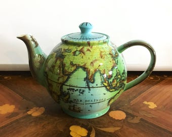 Paul Cardew World Globe Teal Collectors Teapot 7 Inches Tall with Lid 1990