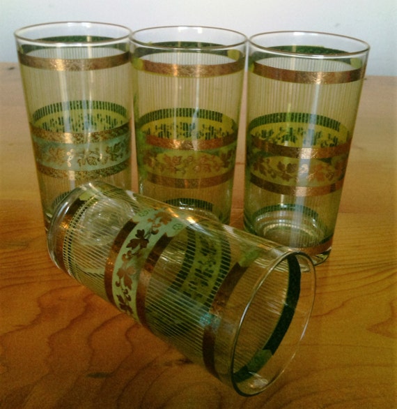 Bar glasses Seven Vintage Mid Century Modern Lime Green And Gold Highball Glasses With 22K Gold Trim Barware Home Bar