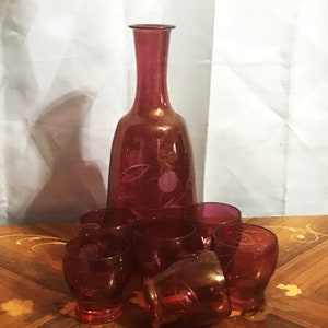 Bohemia Cranberry Red Glass Cut to Clear Decanter & Set of 6 Glasses