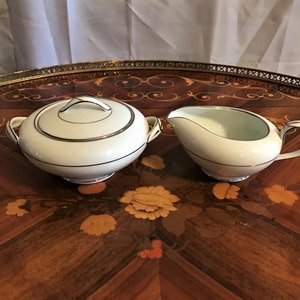 Vintage Noritake Fine China From Japan, One Creamer, One Sugar Bowl and Lid, Two Serving Pieces Derry Pattern, Platinum Bands,