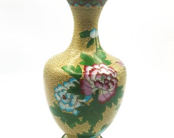 Vintage Asian Chinese Cloisonne Enamel on Brass Vase Floral Design 9 1/2” Tall
