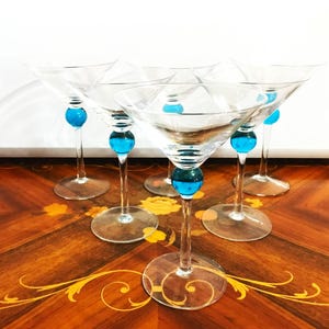Vintage Clear Martini Glasses with a Blue Ball in Stem
