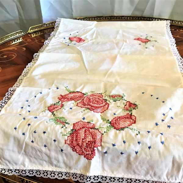 Vintage Hand Embroidered Table Runner or Dresser Scarf, Mid-Century, Rectangular, Cotton, Lace Edging, Red and Green Floral Decor , Linens