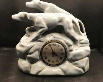 Vintage Porcelain Greyhound Mantle Clock: Mid-Century Home Decor