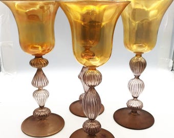 Vintage Parise Vetro Venetian Italian Murano Hand Blown Amber Art Glass Wine Glasses, Iridescent Tall Goblets 10.25 Tall