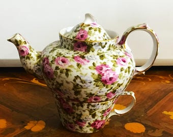 Ganz Tea For One Rose Chintz Teapot, Cover & Cup Set 7 Inches Tall