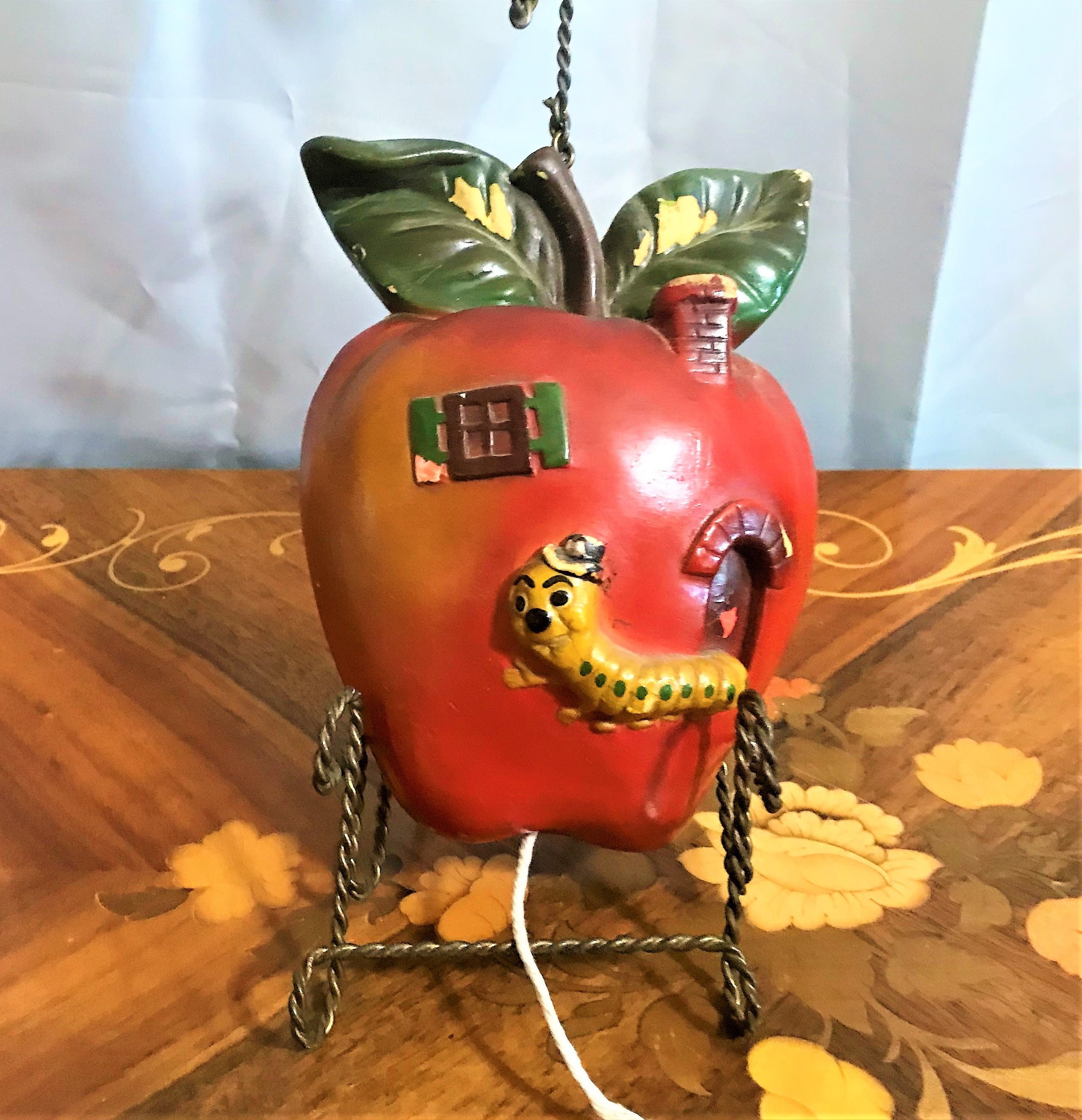 Vintage Big Red Apple Chalkware Wall String Holder With A Yellow