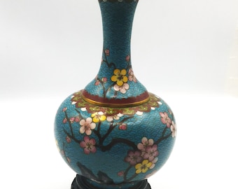 Vintage Asian Chinese Cloisonne Enamel on Brass Vase Floral Design 9 1/2” Tall With Stand