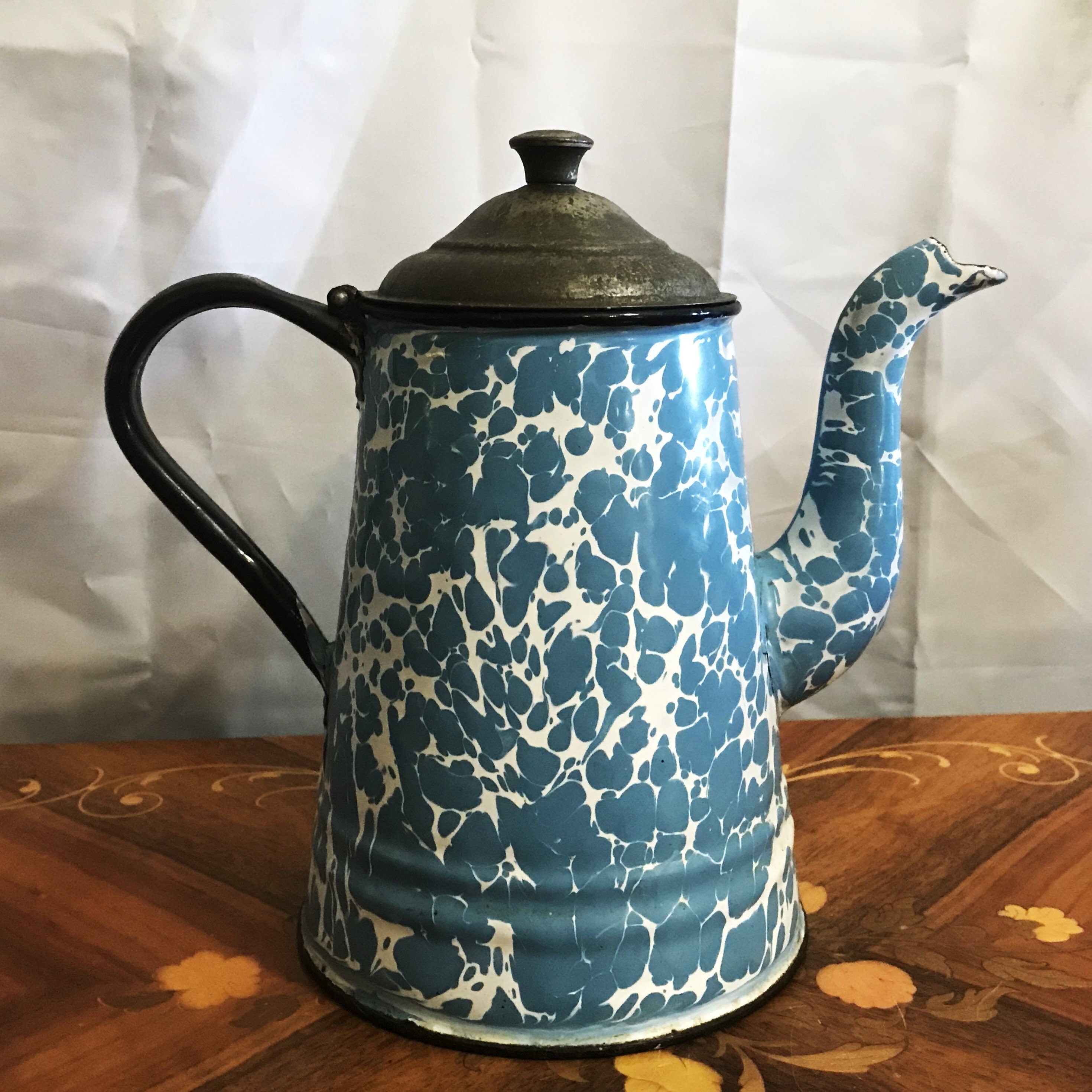 Enamelware Cowboy Coffee Pot Blue Speckled 8 1/2 tall & 5 wide