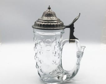 Vintage BMF Viking Horn Hobnail Glass 16oz Beer Stein with Pewter Lid - West Germany