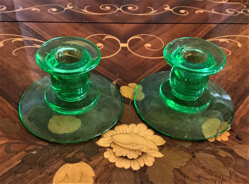 Vintage Pair Of Green Depression Glass Candle Holders Single Etsy