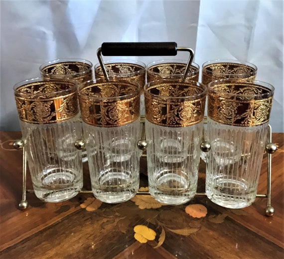 Embossed Gold Textured Glass 22K Gold Home Bar Bar Glasses Mid Century Culver Tyrol Highball Glasses in original Carrier