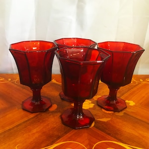 Four INDEPENDENCE Octagonal 6&quot; Ruby Red 10 Oz Water or Wine Goblets, Glasses
