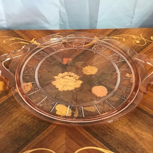 Vintage Pink Glass Serving Plate with Handles, Pink Depression Glass, Round Platter, Depression Era