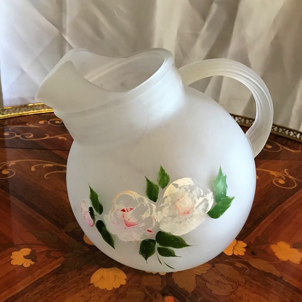 Vintage Satin Glass Tilt Ball Pitcher With Hand Painted Roses Gay Fad Style, Acid Washed, Home Decor