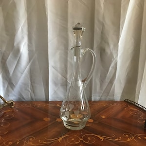 Vintage Wheel Cut Glass Handled Claret Jug or Wine Decanter, Floral Cut, Wine Jug