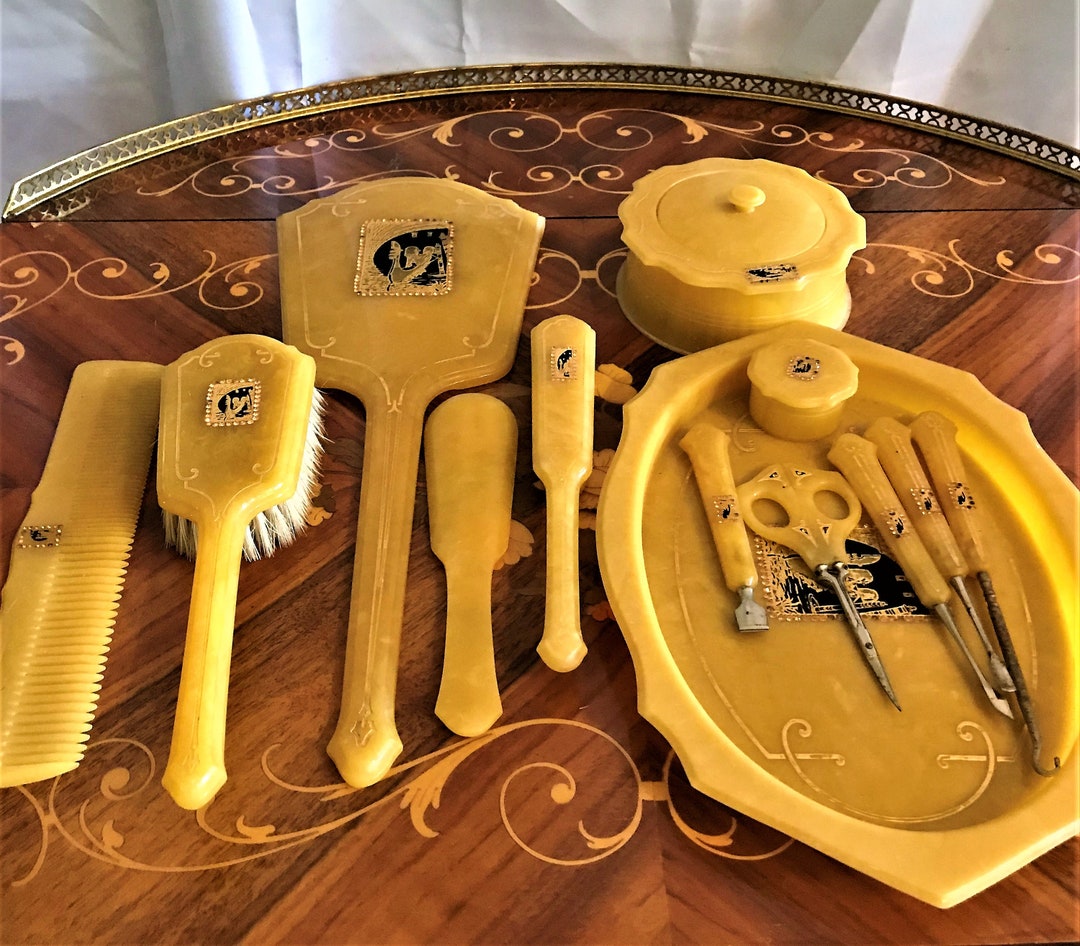 Vintage Art Deco Celluloid Vanity Set: Mirror, Brush, Nail Tools