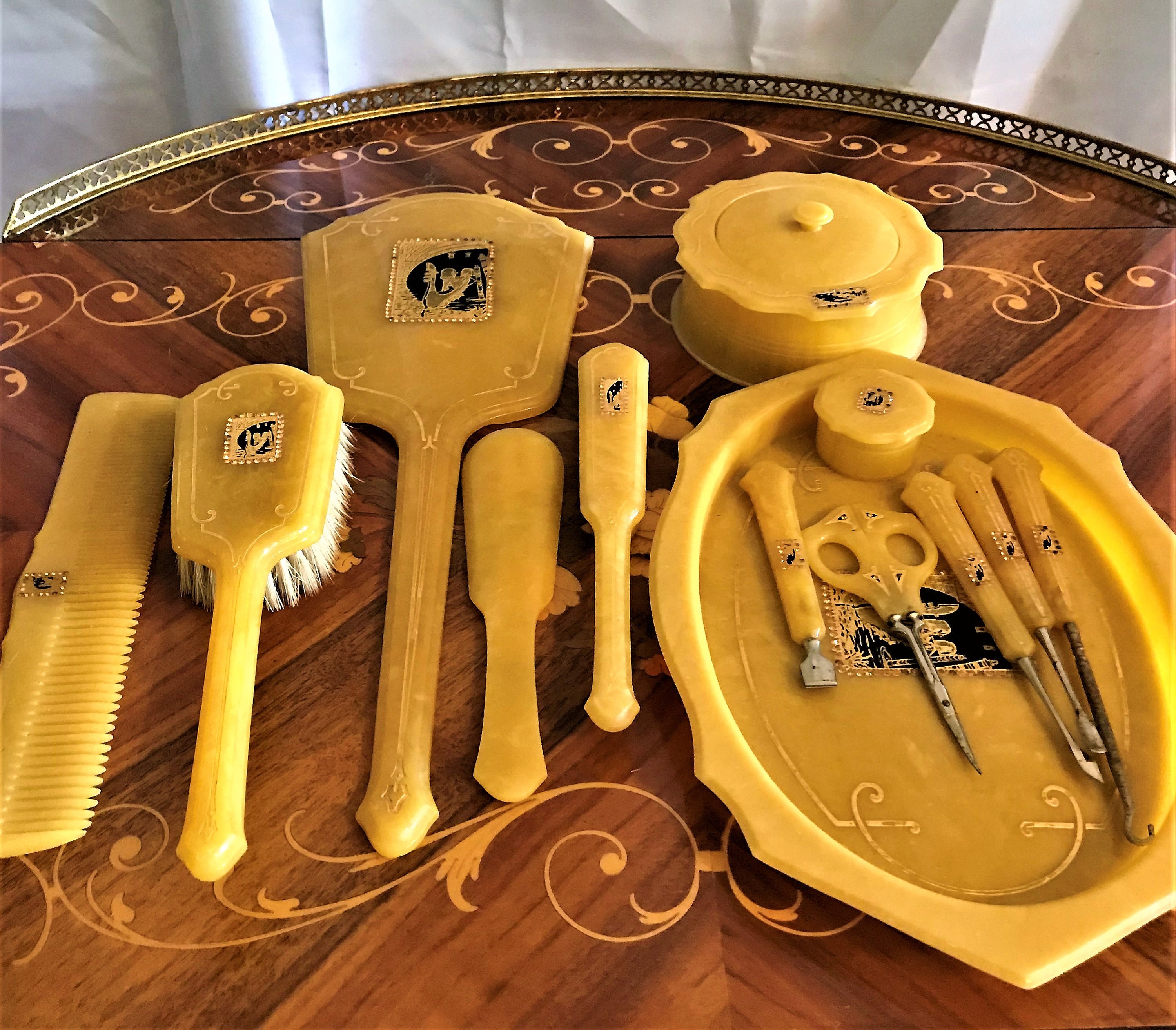 Vintage Art Deco Celluloid Vanity Set: Mirror, Brush, Nail Tools & Tray