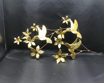 Vintage Homco Brass Wall Hanging, Hummingbirds and Flowers 17"x13" MCM