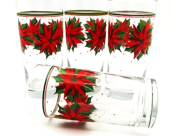 Libby Vintage Christmas Poinsettia & Stripe Highball Glasses Tumblers Set Of 4, 5.25"tall