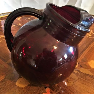 Ruby Red Mid Century Tilt Ball Pitcher With Ribs, Juice Pitcher, Red Pitcher, Dining and Serving