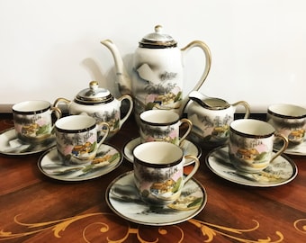 Vintage Hand Painted Demi Tasse Set: Gold Trim, Made in Japan, Service for Six