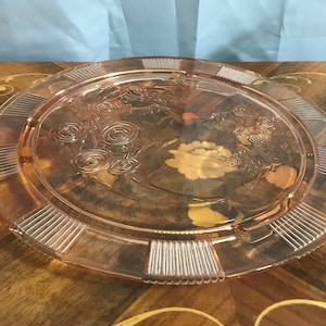 Vintage Depression Pink Glass Round Ribbed Cake Plate with Embossed Roses, Serving Plate, Home Decor,