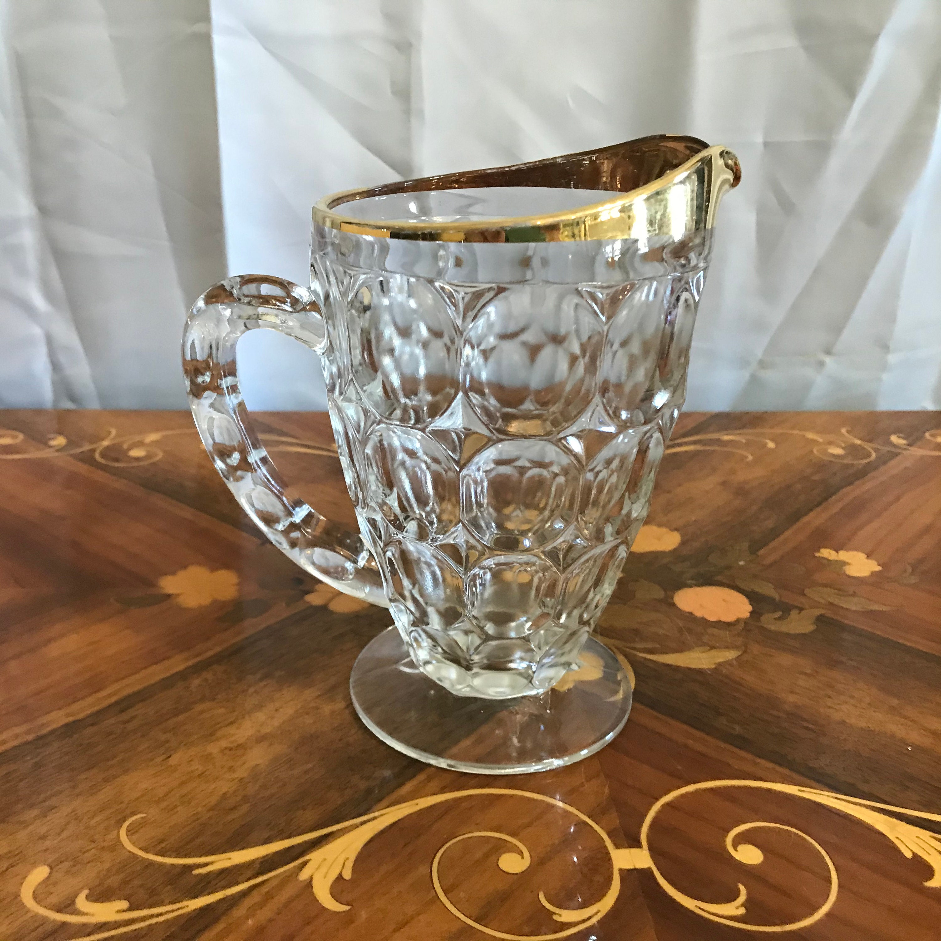 Vintage Footed Clear Glass Thumbprint Pitcher Gold Etsy