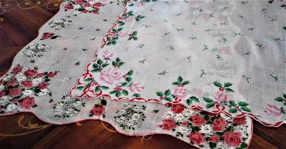 Vintage Red White Floral Hankies, Cotton Hankies - image 1