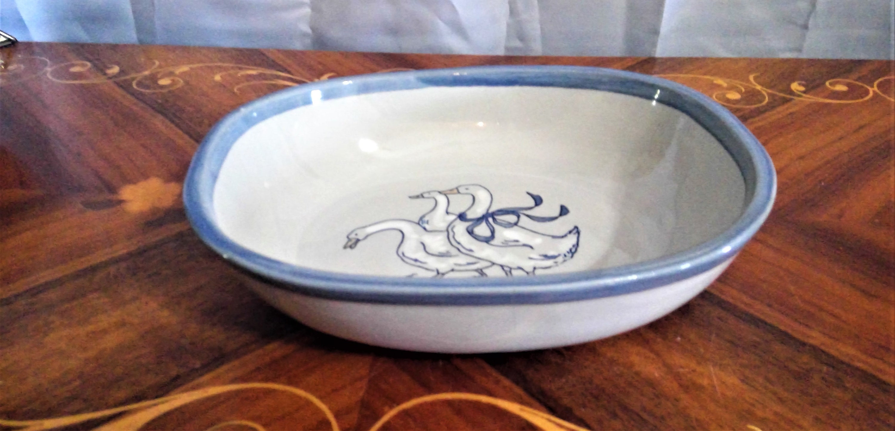 Vintage Louisville Stoneware Serving Bowl: Gaggle of Geese, Blue