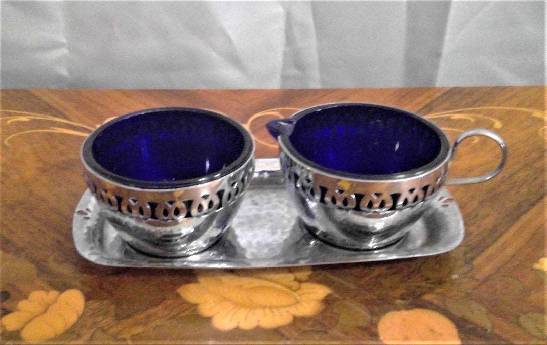Vintage Cobalt Blue Sugar and Creamer With a Chrome Holder Etsy