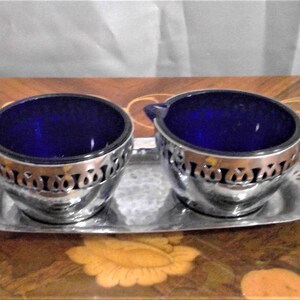 Vintage Cobalt Blue Sugar and Creamer with a Chrome Holder