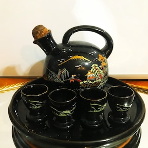 Hand Painted Japanese Teapot or Jug with Black with gold Trim and Tray and Cups and Cork Stopper 1950s Made in Japan