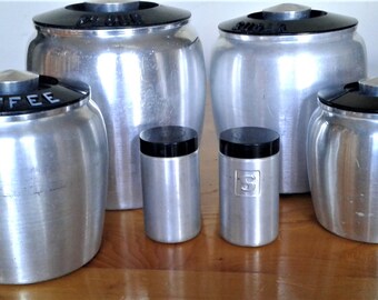 Vintage Kromex Brushed Aluminum With Black Lids Canister Set With Matching Salt And Peppers #Storage # Kitchen Collectibles