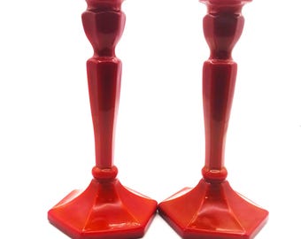 Pair of Antique Northwood Chinese Coral Opaque Glass Candlesticks 8 1/2" Tall