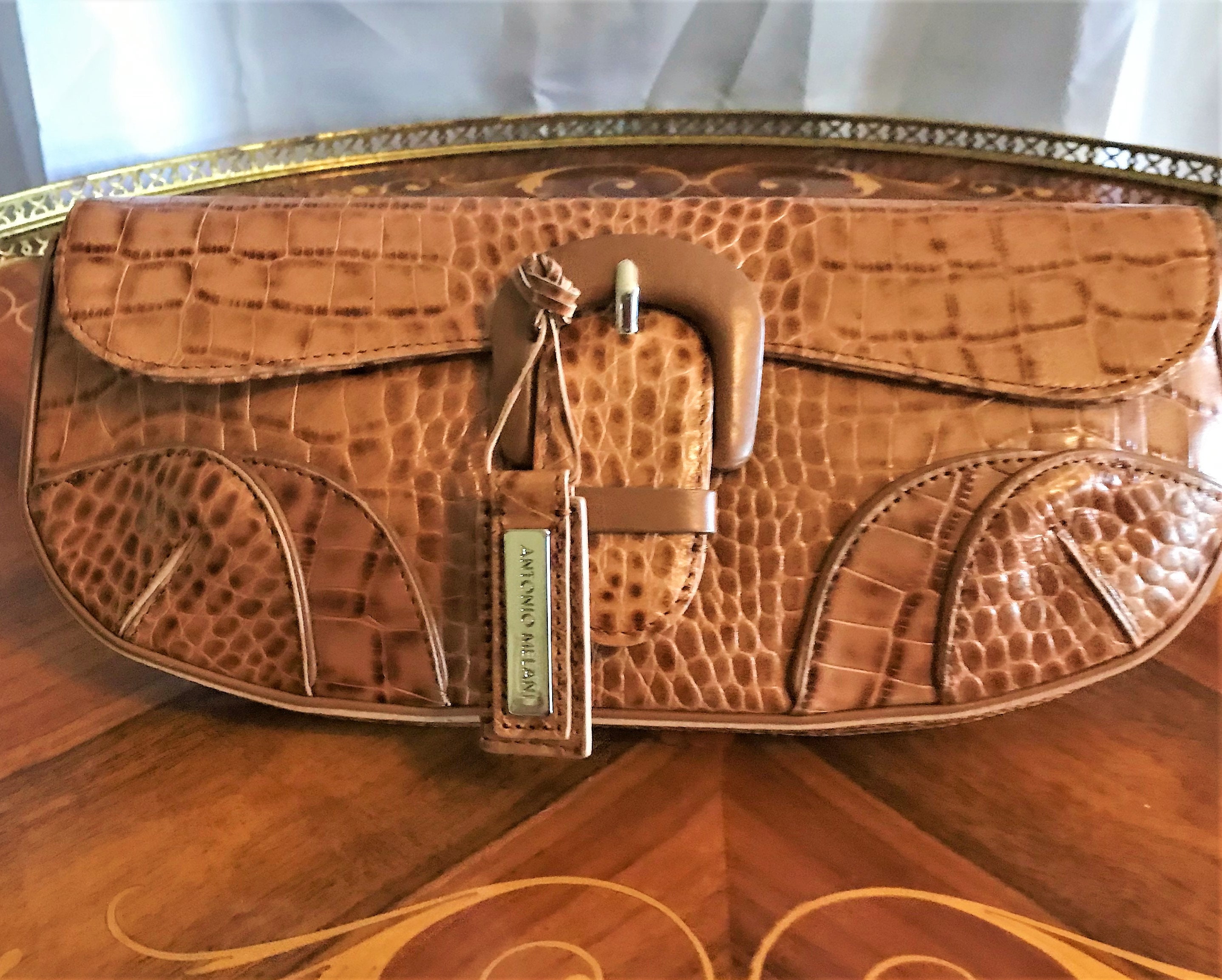 Vintage ANTONIO MELANI Brown Reptile Embossed Leather Clutch Bag