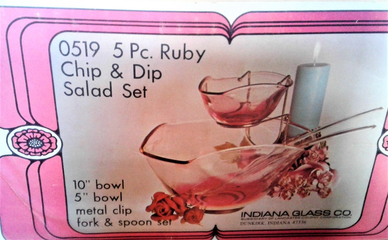 Vintage Five Piece Ruby Chip And Dip Salad Set In Original Box By Indiana Glass Company Dunkirk Indiana
