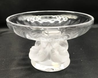 Vintage Lalique Nogent Footed Sparrows Signed Small Compote, France 3.25 Tall