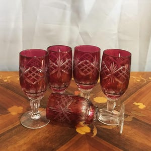Five Bohemian Ruby Red Cut To Clear Crystal Small Wines