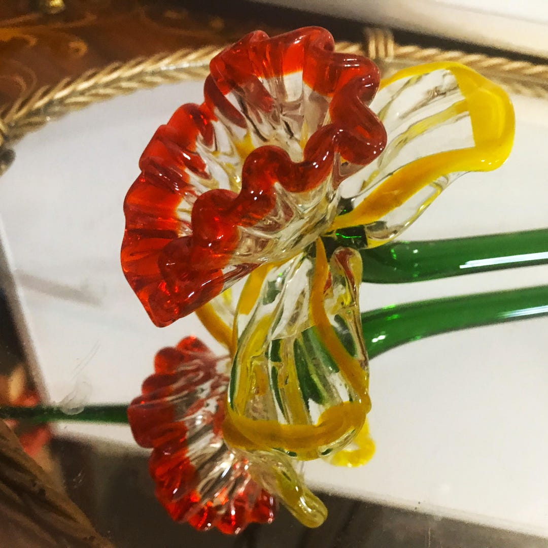 One Vintage Murano Style Red and Yellow Glass Flower With Long Stem - Etsy