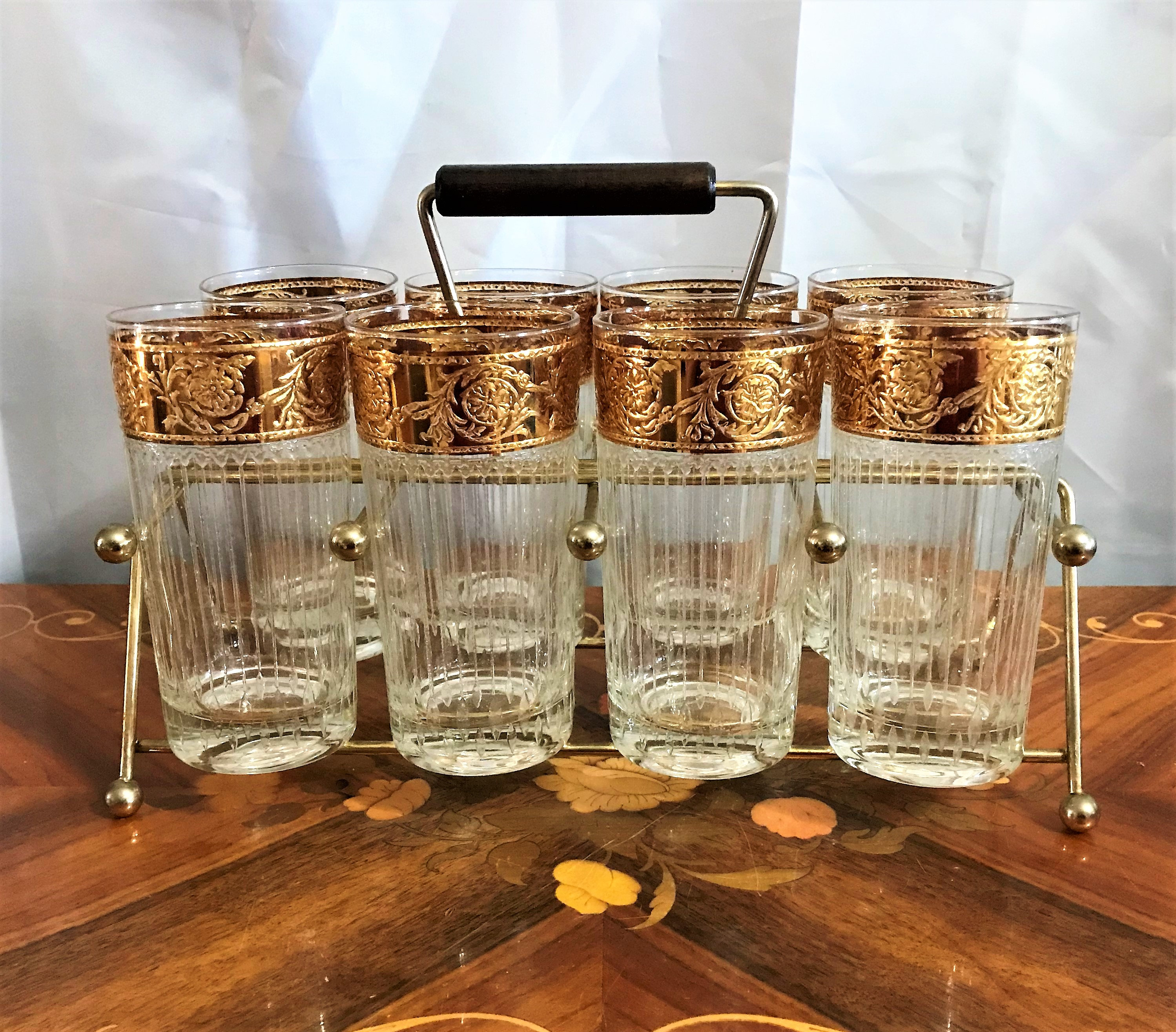 Embossed Gold Textured Glass 22K Gold Home Bar Bar Glasses Mid Century Culver Tyrol Highball Glasses in original Carrier