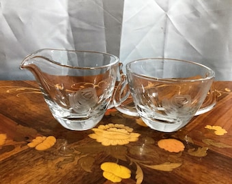 Vintage Fostoria Rose Etched Glass Sugar And Creamer, Elegant glass, Home Décor