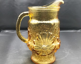 Vintage Anchor Hocking Embossed RAIN FLOWER Amber Pitcher 32oz. 8" Tall at Spout