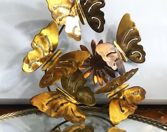 Brassy Butterfly & Flower Wreath MCM Rustic Wall or Door Decor