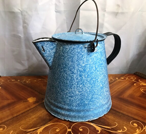 Vintage Graniteware Cowboy Coffee Pot Blue Speckled Graniteware With Handles Chuck Wagon Style Etsy