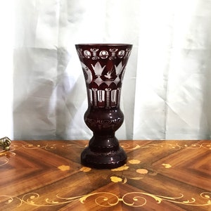 Large Vintage Bohemian Ruby Cut to Clear Chrystal Vase, Ruby Red, Cut to Clear