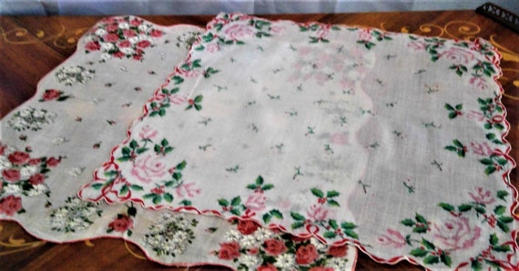 Vintage Red White Floral Hankies, Cotton Hankies - image 7