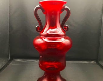 MCM Polish Hand-Blown Large Vase with Two Red Applied Handles 13 /2" Tall