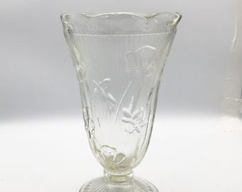 Vintage Jeannette Iris & Herringbone Clear Glass Footed Vase 9" Ruffled Rim